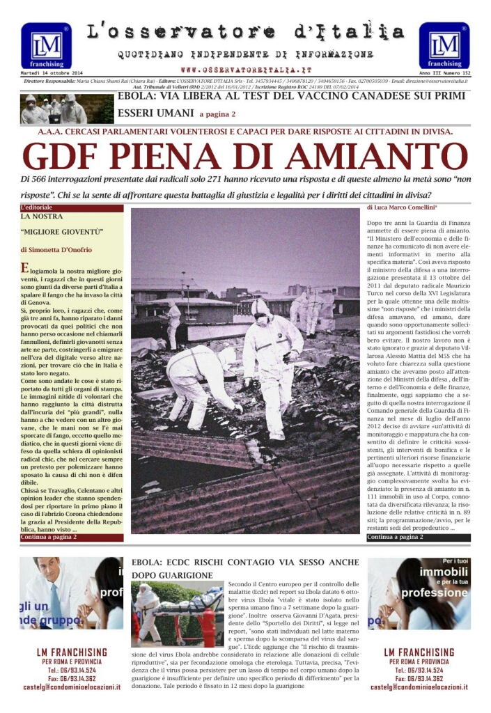 L'osservatore d'Italia edizione del 14 Ottobre 2014